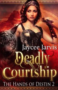 book cover for Deadly Courtship by Jaycee Jarvis featuring a woman holding a dagger and a white tiger