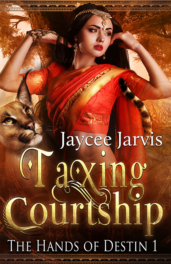 Taxing Courtship by Jaycee Jarvis Cover depicts woman in red sari with golden waccat