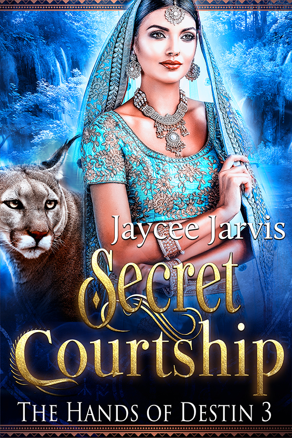 Cover for Secret Courtship by Jaycee Jarvis, Image of woman in blue sari with a cougar-like cat. 